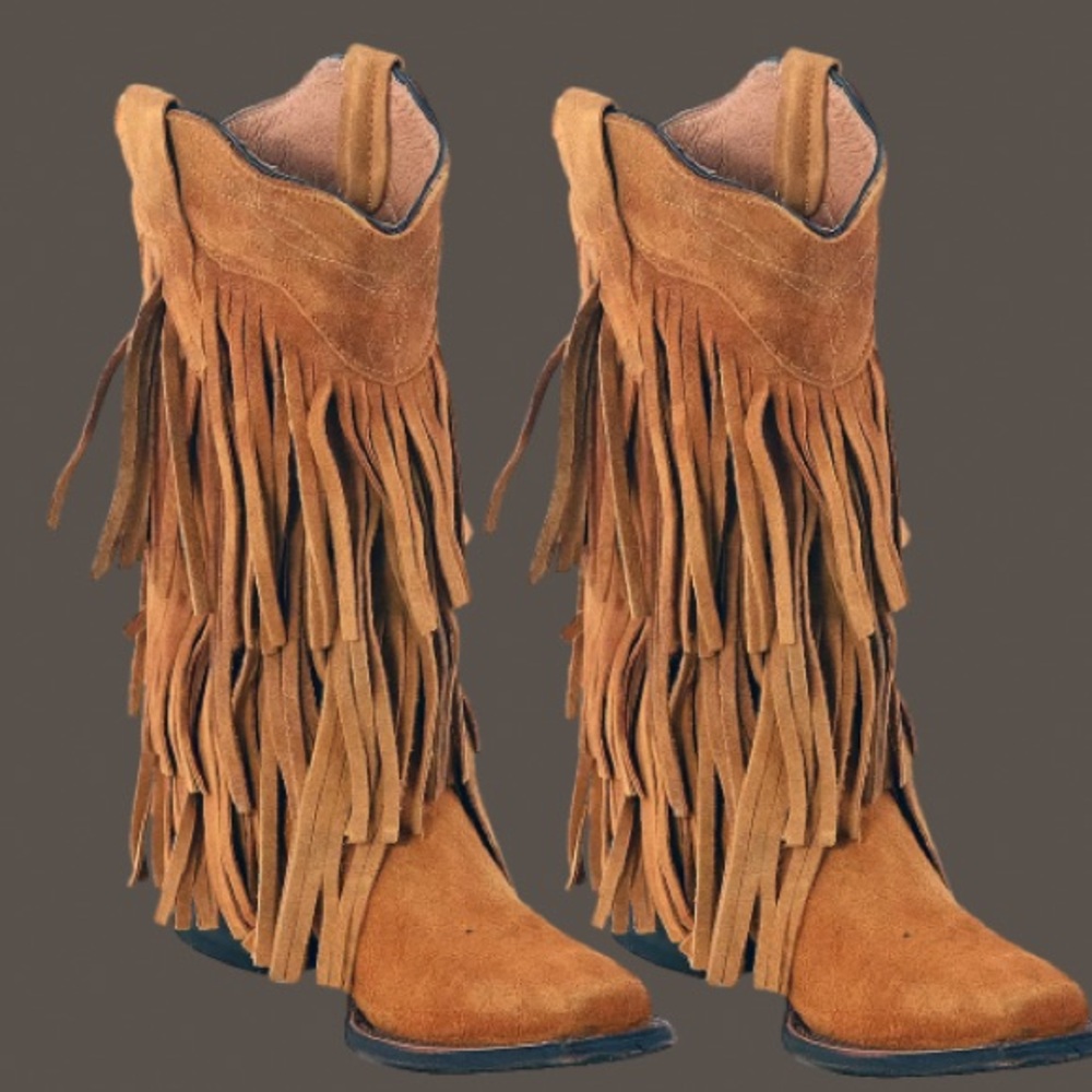 TANNER MARK 100% Genuine Suede Leather Western Square Toe Boot with Fringe